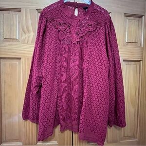 Torrid Burgundy Lace Long Sleeve Ruffled Blouse with Mandarin Collar